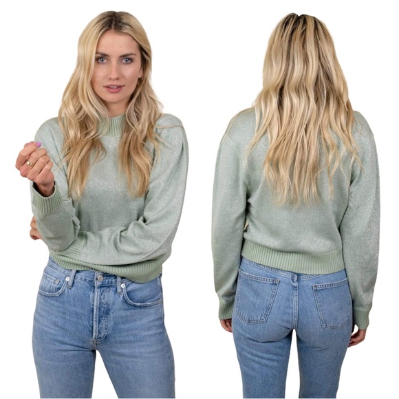 FREE PEOPLE Starry Night Sweatshirt Metallic Mint Green Knit Mock Neck Small New - Picture 5 of 6